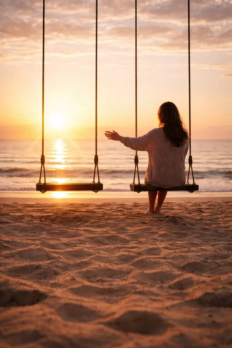 A person sitting alone on a swing at the beach during sunset, facing the ocean with arms outstretched, looking at the sunset.