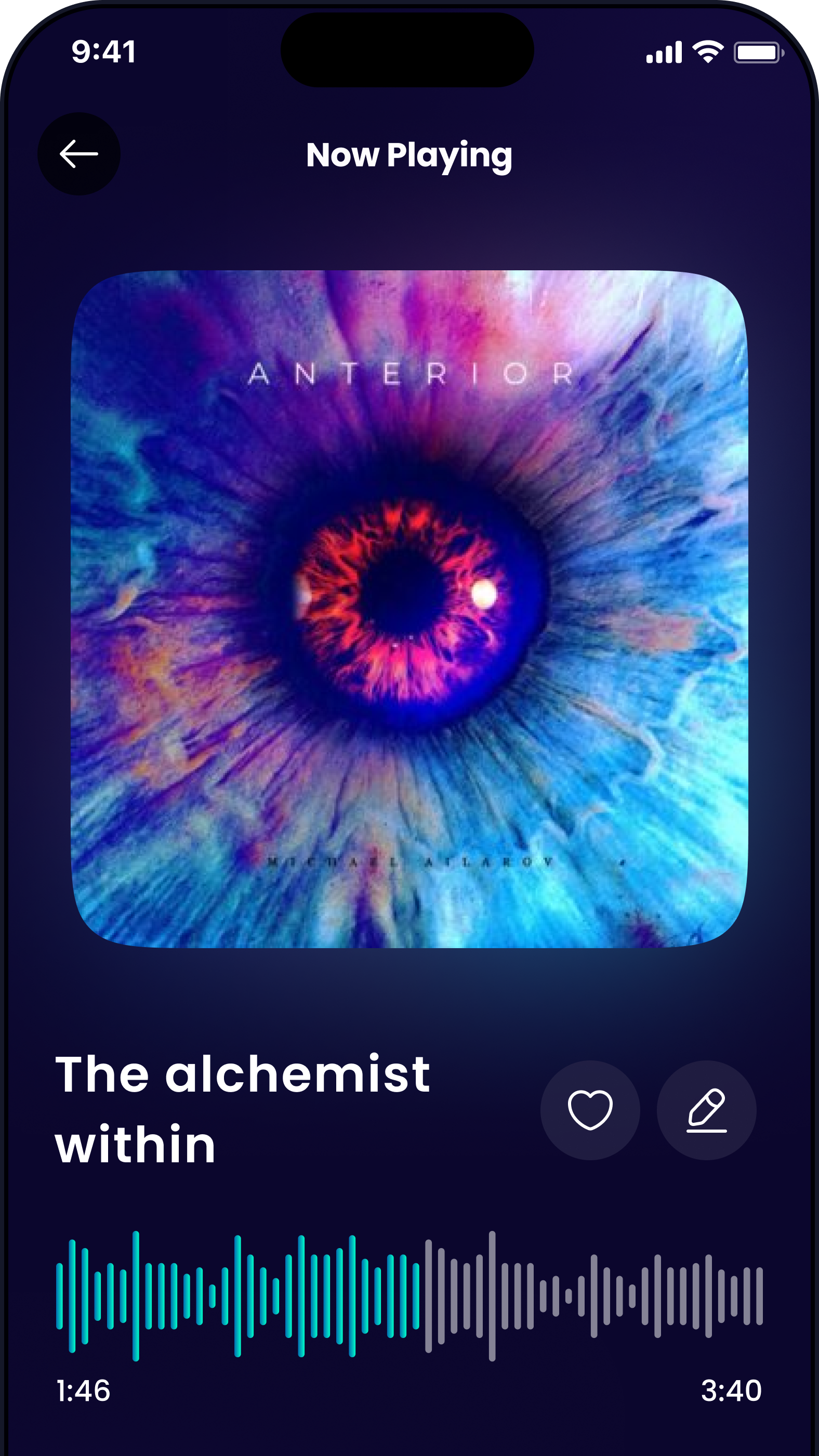 Smartphone screen showing a music app with an album cover of a colorful eye with the title 'ANTERIOR' and the song 'The alchemist within' playing.