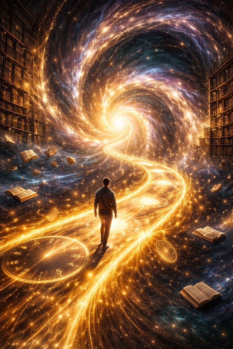 A person walking along a glowing, swirling pathway that appears to be a cosmic tunnel filled with stars, with floating open books and clock faces surrounding the scene, creating a surreal, magical atmosphere.