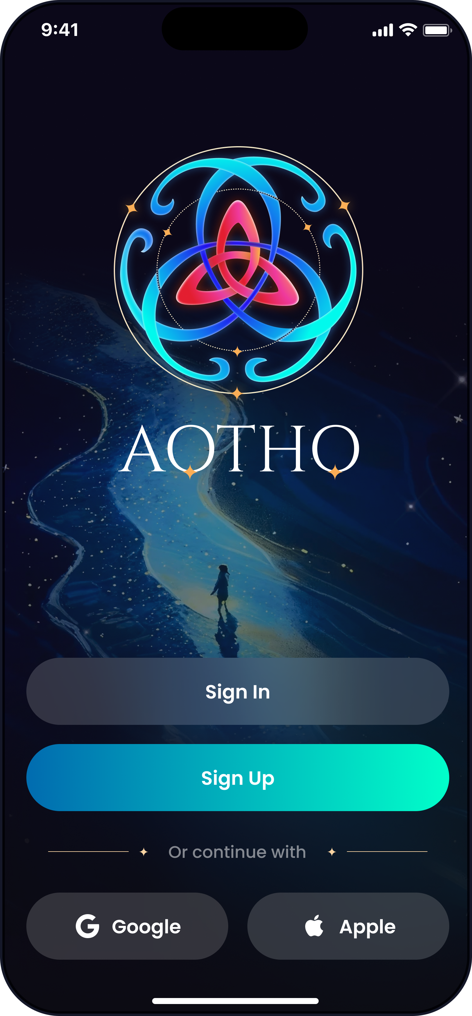 Mobile app login screen for an app named 'ΑΘΩΟ' featuring a dark celestial background, a glowing geometric design, and buttons for sign-in, sign-up, or continuing with Google or Apple.