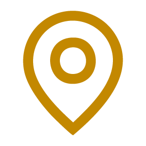 A gold map location pin icon on a black background.