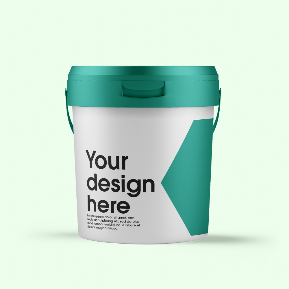 White and green bucket for animal food or supplements with text 'Your design here'