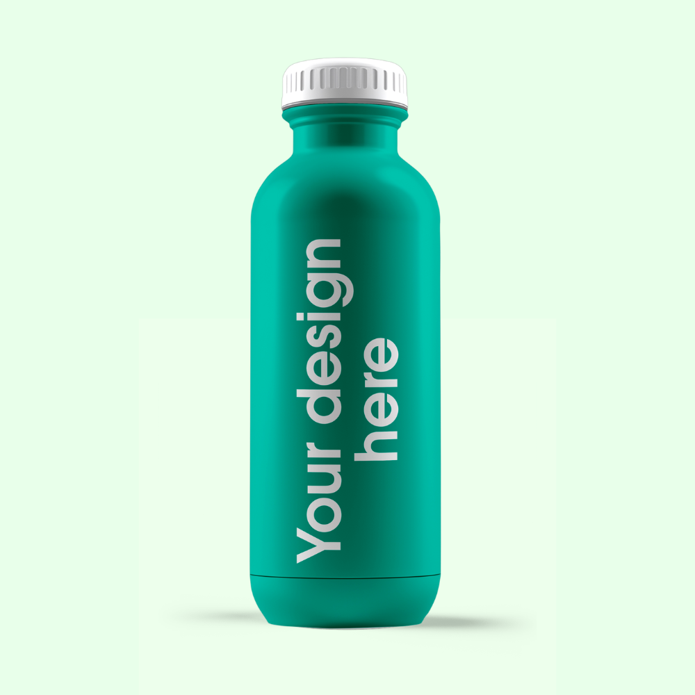 Mockup green bottle with white cap with text 'Your design here'