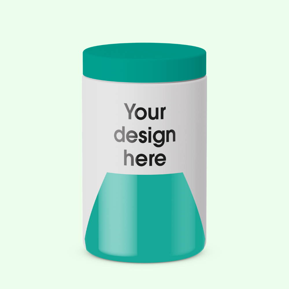 Mockup green and white jar for animal supplements with text 'Your design here'
