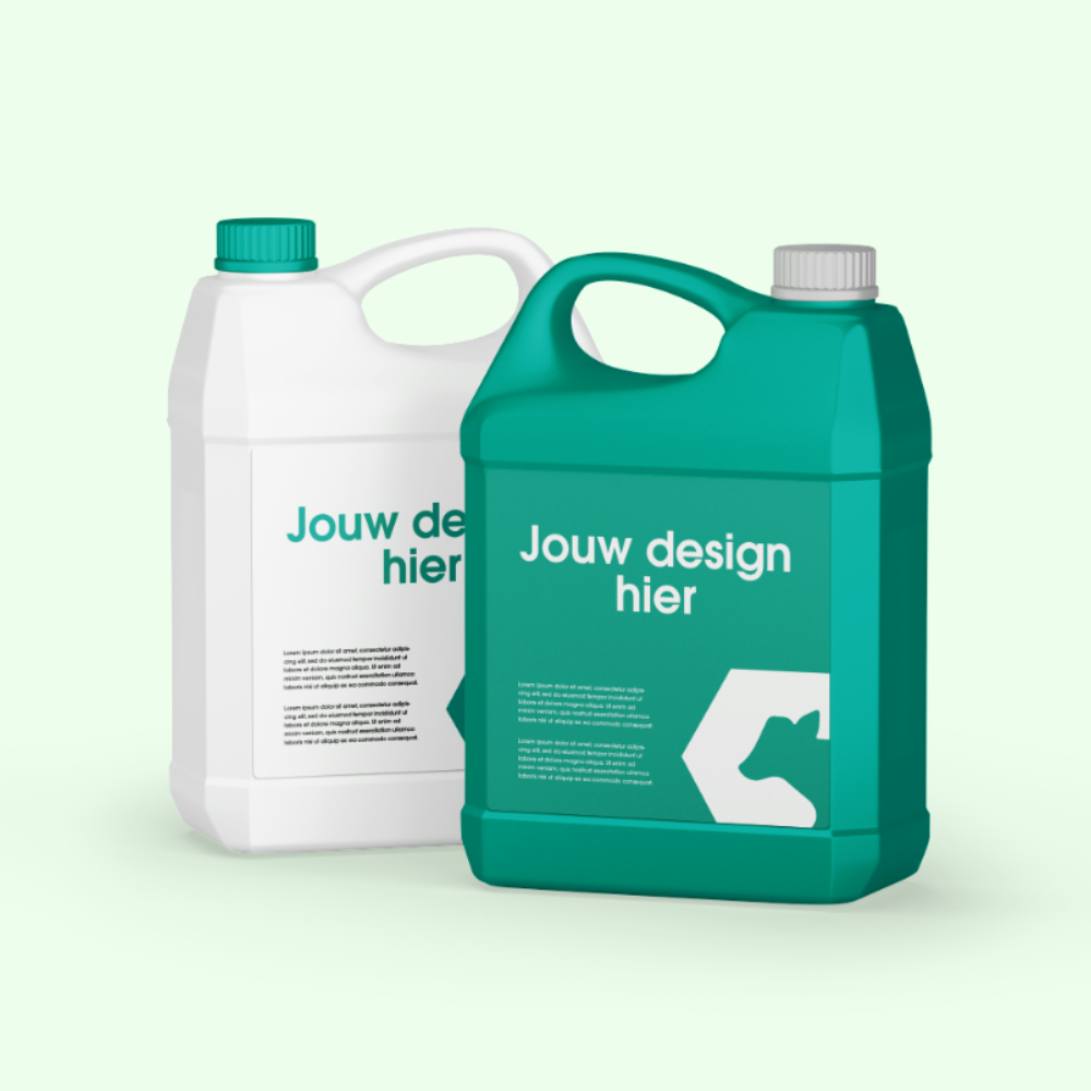 Two green and white animal food or supplement containers with text 'Your design here'