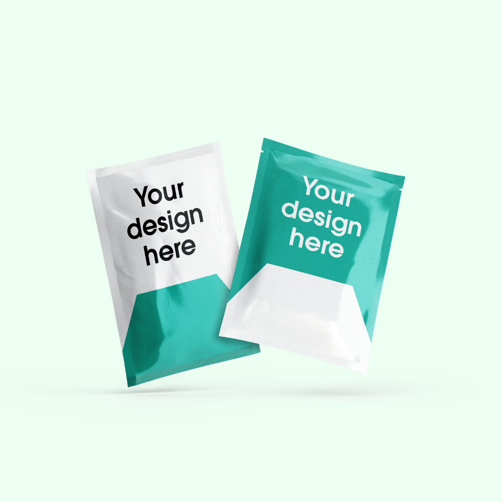 Mockup green supplement satchels  with text your design here