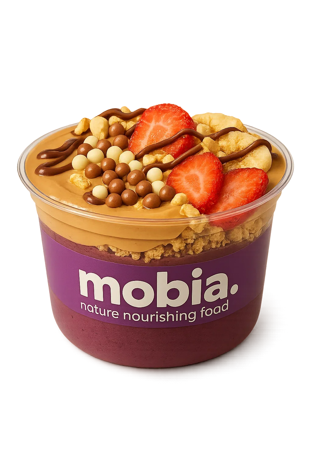 A cup of Mobia flavor nourishing food dessert topped with strawberries, chocolate drizzle, small white and brown spheres, and cereal crumbs.