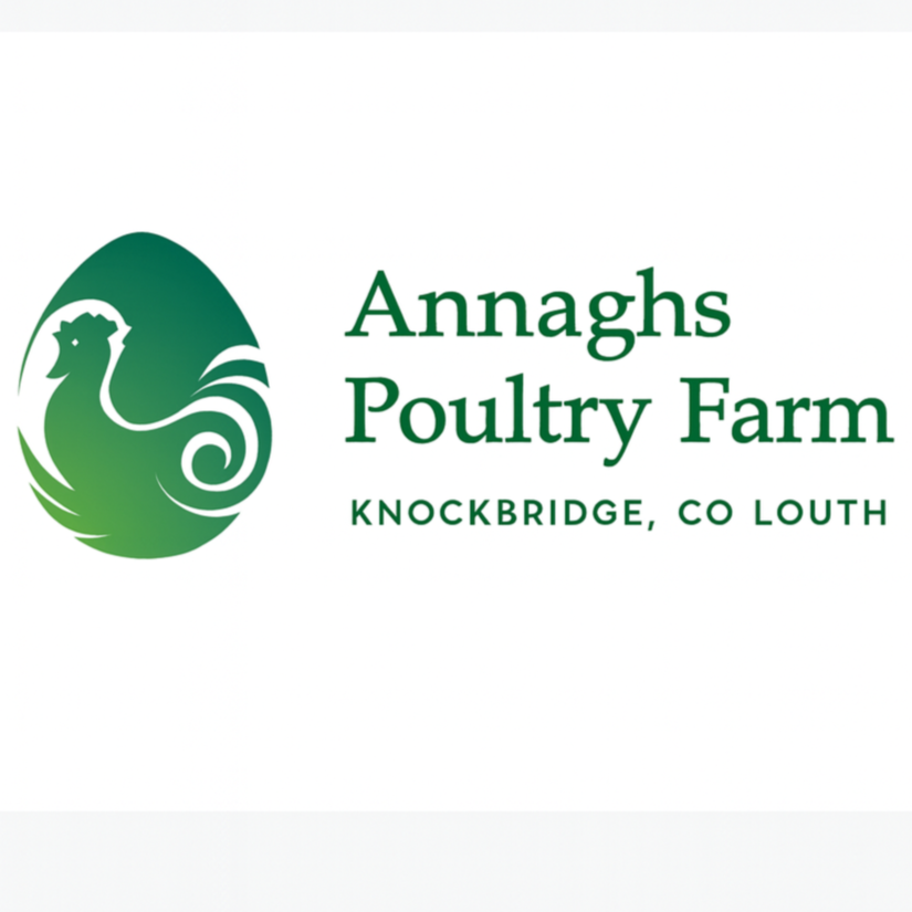 Logo for Annagh's Poultry Farm featuring a green seahorse and text indicating the farm is located in Knockbridge, County Louth, Ireland.