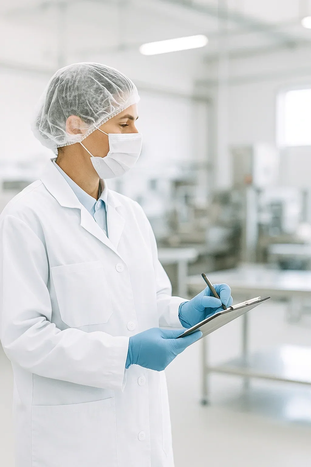 A scientist in a laboratory wearing a white coat, face mask, hairnet, and blue gloves, writing on a clipboard.
