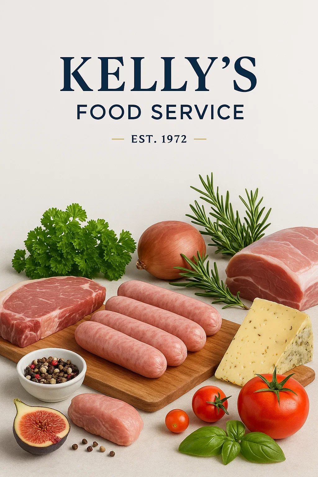 Meat, cheese, herbs, vegetables, and spices on a cutting board and surface with a sign that reads Kelly's Food Service, established 1972.