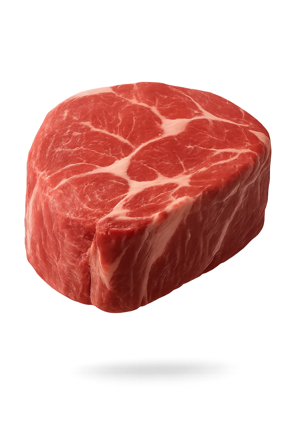 Fresh cut piece of raw red meat with marbling on a neutral background.