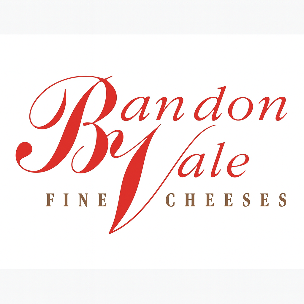 Logo for Brandon Vale Fine Cheeses with red cursive text and brown serif text on a white background.