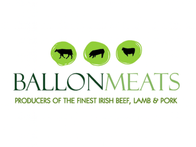 Logo for Ballon Meats with silhouettes of cow, pig, and beef, and text indicating they produce Irish beef, lamb, and pork.