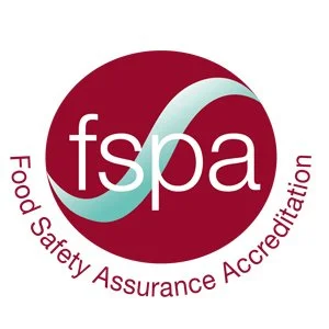 FSPA logo featuring a maroon circle with a stylized wave design and the text 'fspa' in white, with 'Food Safety Assurance Accreditation' written around the perimeter.