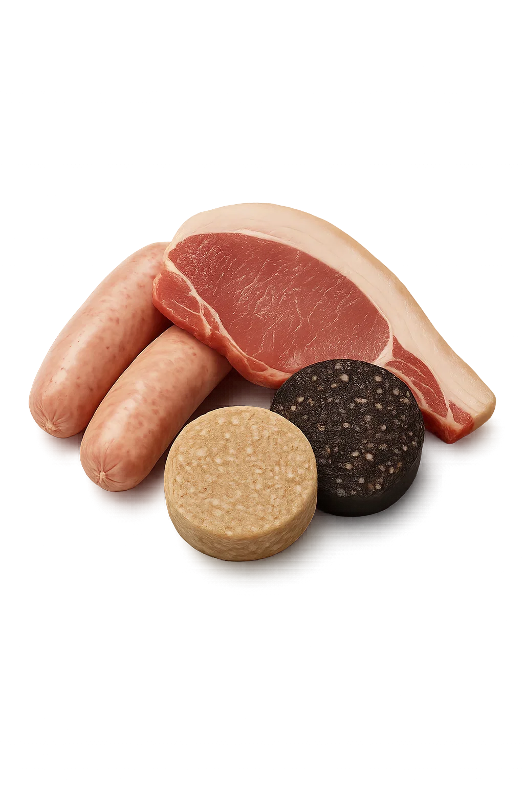 Sliced pork chop, two sausages, and two pieces of black and white sausage on a wooden surface.
