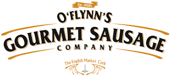 Logo for O'Flynn's Gourmet Sausage Company, established in the 1920s, featuring a decorative design with a sausage and ribbon banner, and text indicating it is from The English Market in Cork.