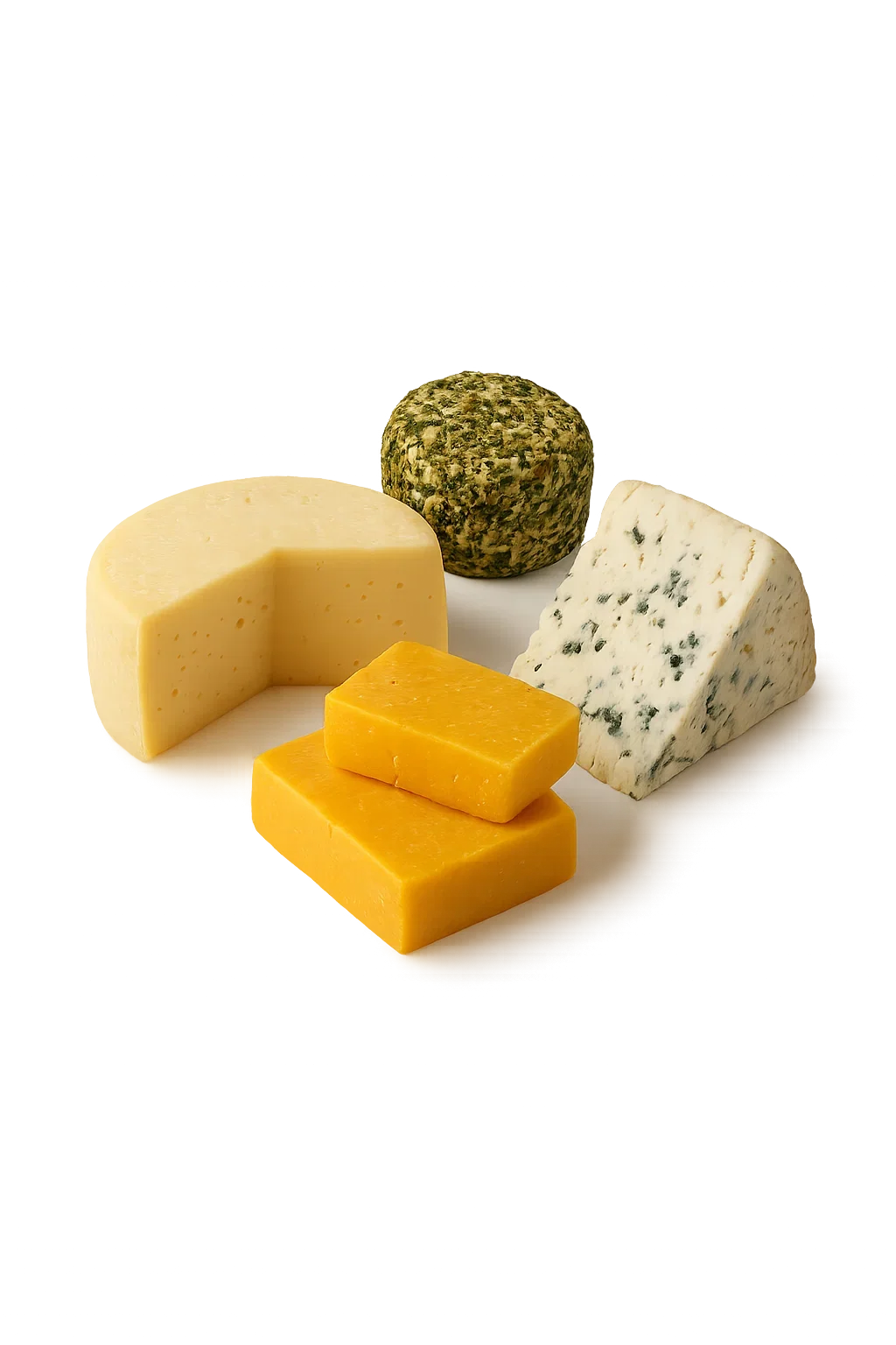 Assorted cheeses including a wedge of yellow cheddar, a round of Parmesan, a block of blue cheese, and a ball of herb-encrusted cheese on a white surface.