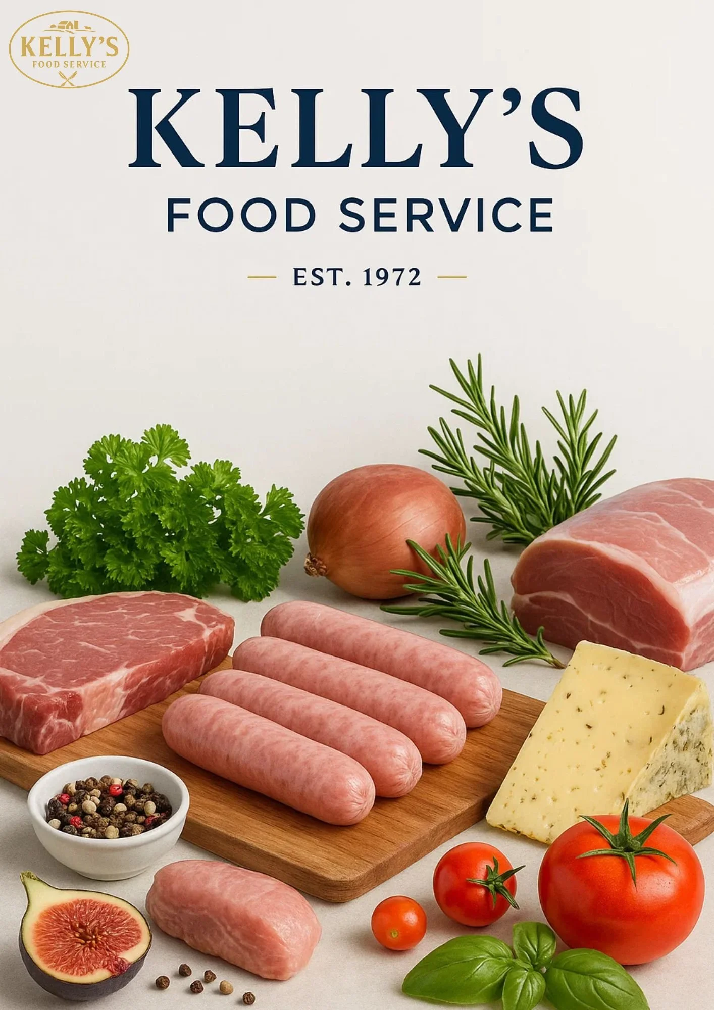 Display of fresh meat, sausages, vegetables, and herbs on a wooden cutting board, with the text 'Kelly's Food Service' and 'Est. 1972' in the background.