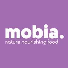 Purple background with white text reading 'mobia' and 'nature nourishing food'