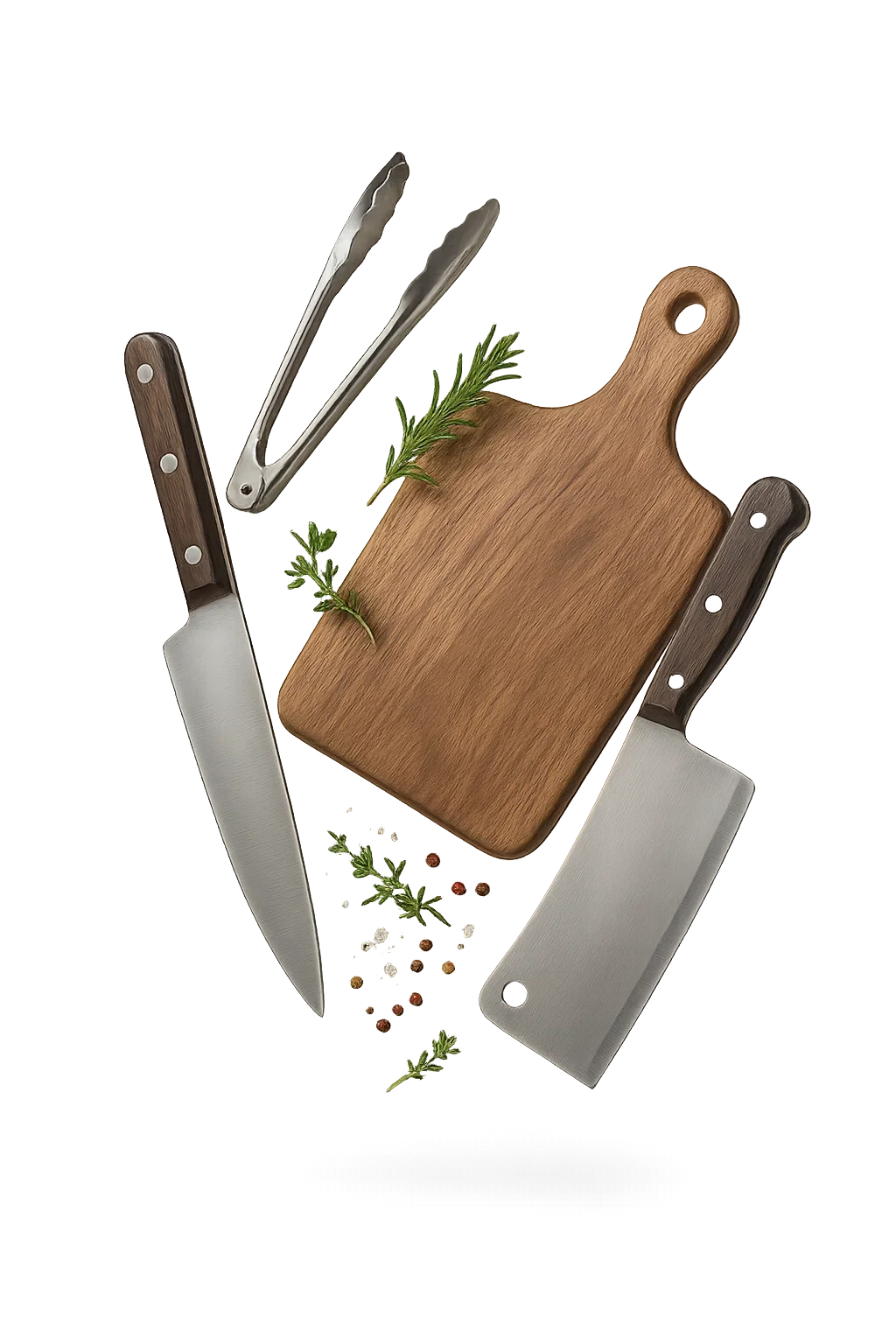 A wooden cutting board with sprigs of herbs, surrounded by three knives and scattered peppercorns and salt on a dark background.