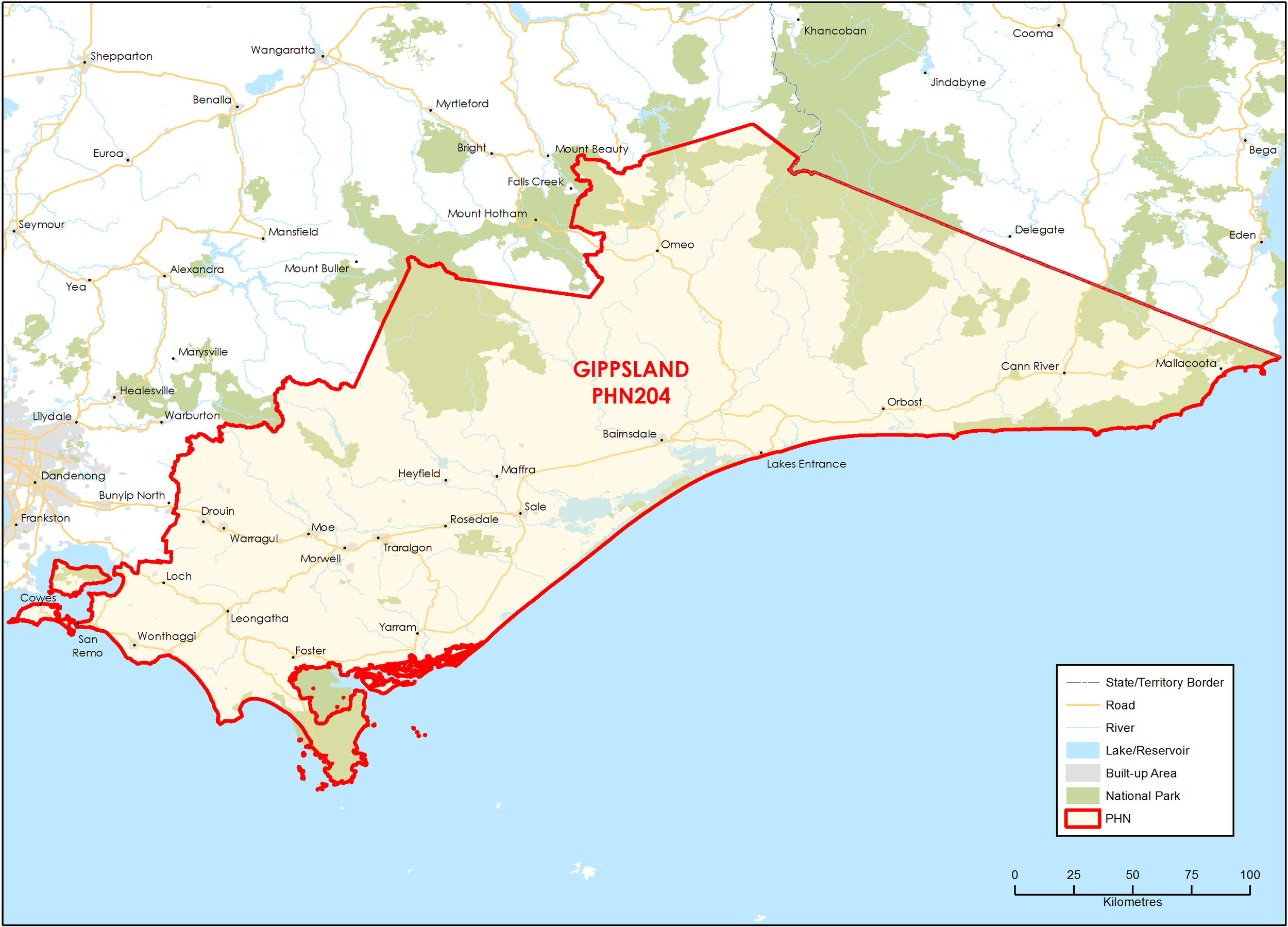 Map of Gippsland, Victoria, Australia, with its boundaries outlined in red, showing towns, roads, rivers, lakes, national parks, and built-up areas. The map includes a legend for different features and scale in kilometers.