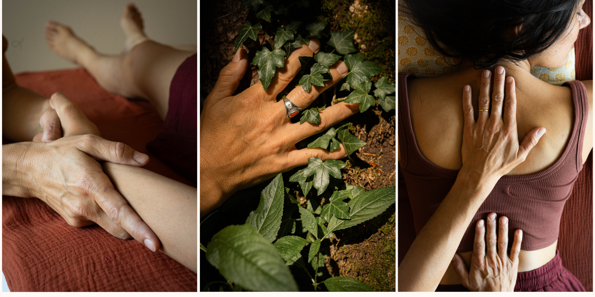 deux photos : séance de fasciathérapie, main du thérapeute laurence Stenzin sur le poignet d'un patient, sur le dos d'un patient et une photo en nature :main sur le tronc d'un arbre
ambience intime et chaleureuse du soin