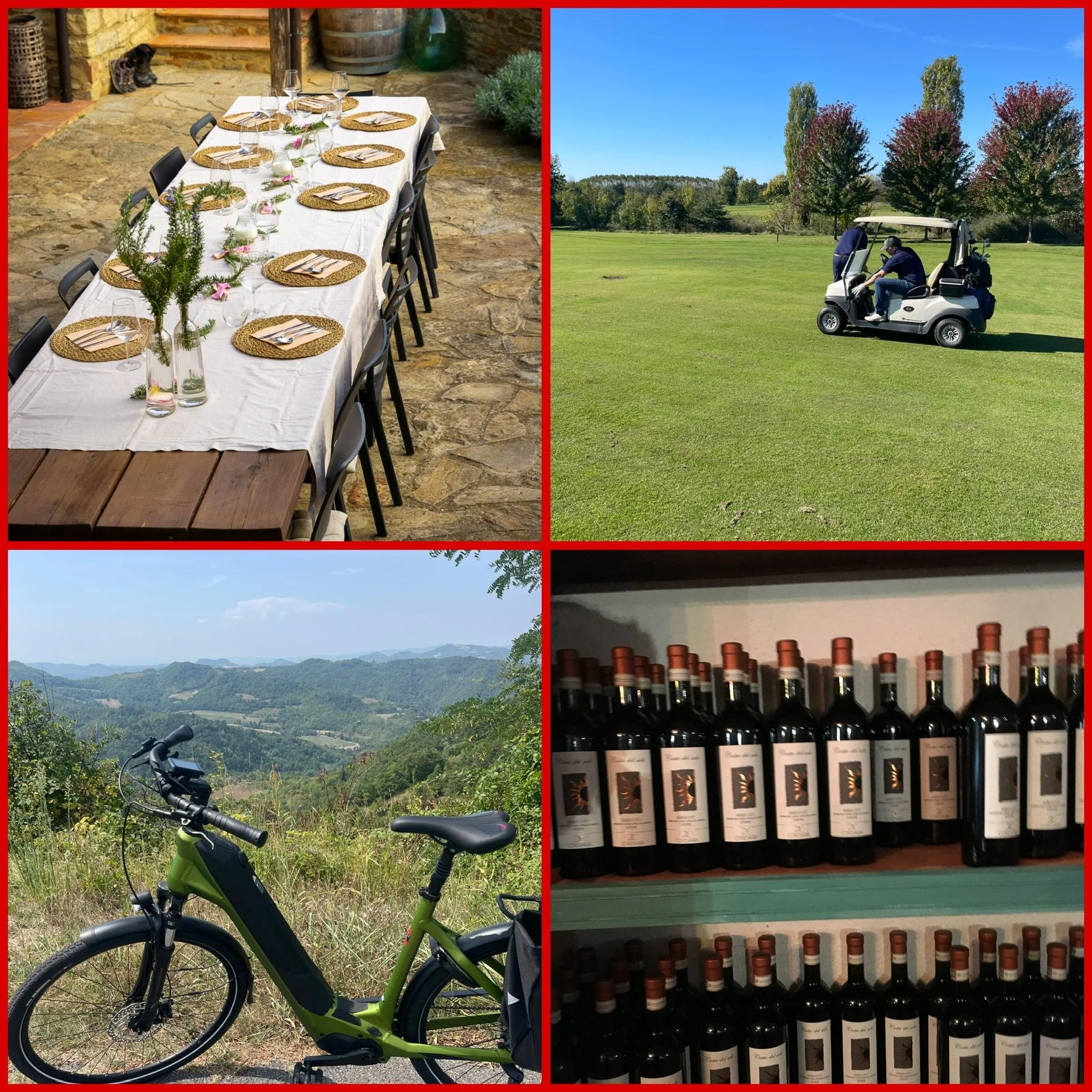 In beeld het genieten van streekgerechten en wijnen. Golfen op prachtige banen. Toeren door de omgeving op een elektrische fiets door het  heuvelachtig landschap.