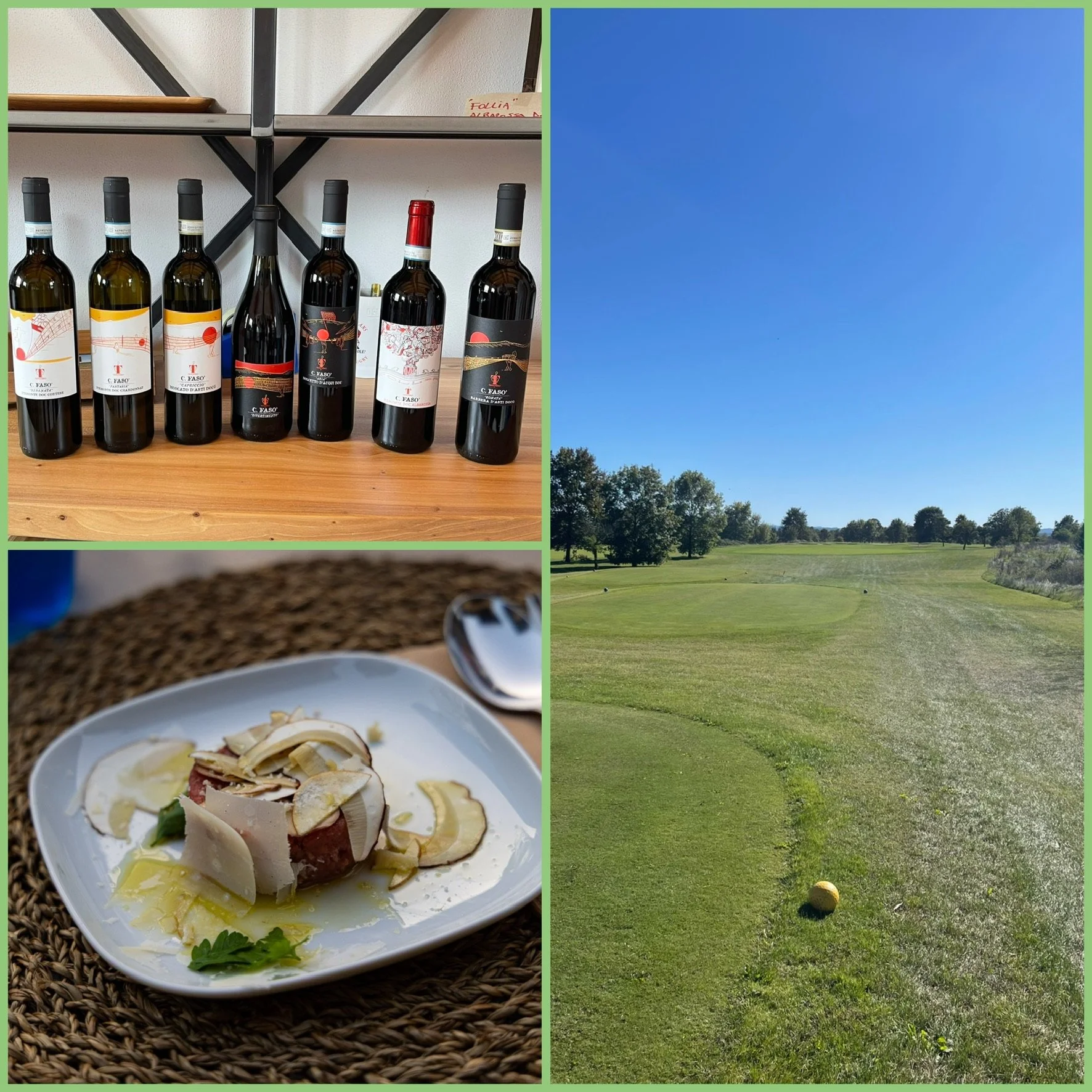 Assortiment van zes wijnflessen, een bord met een gerecht en een golfbaan onder een heldere blauwe hemel.