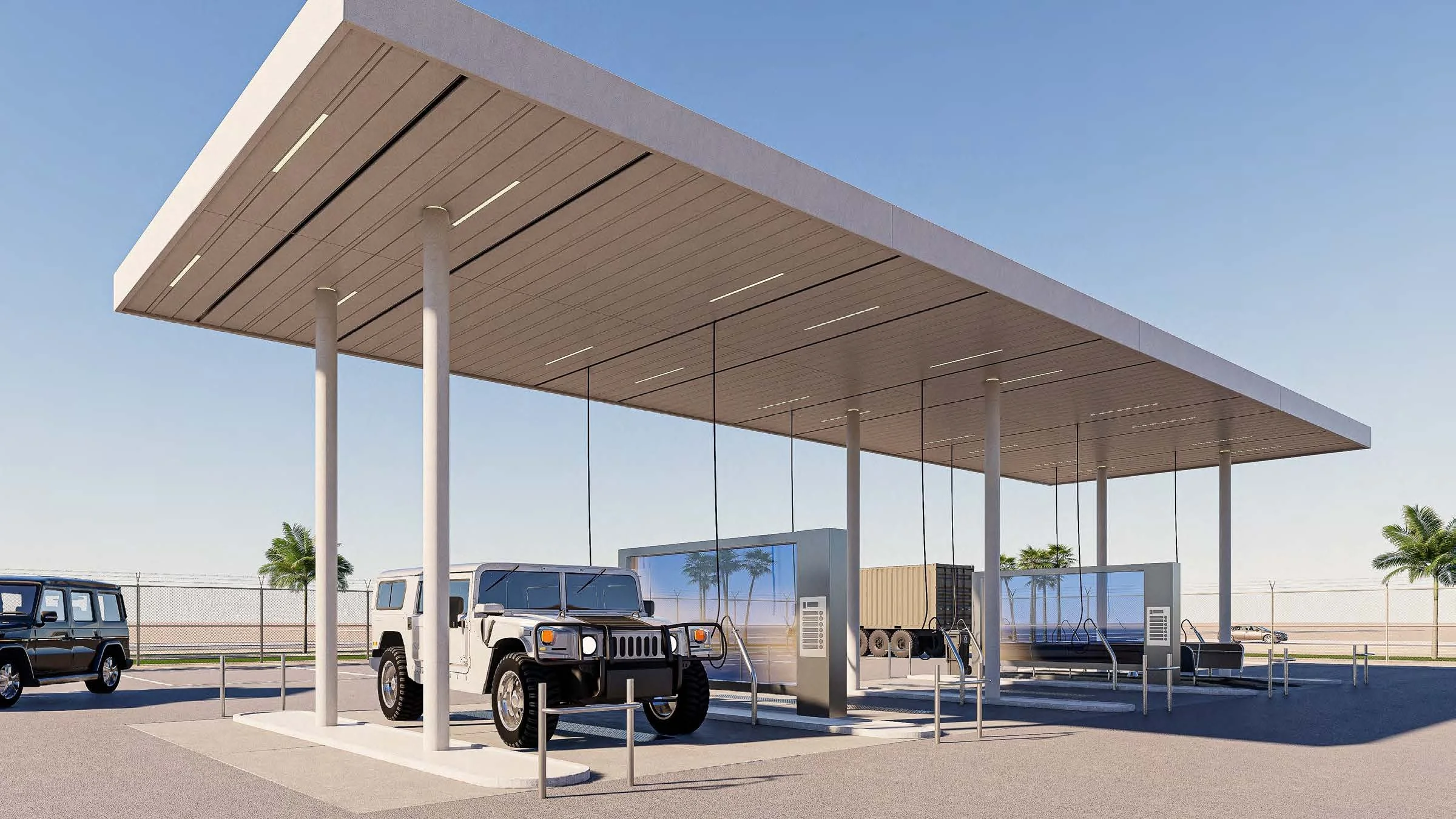 Estación de carga eléctrica para vehículos en un estacionamiento con varios coches y un techo grande con estructura moderna.