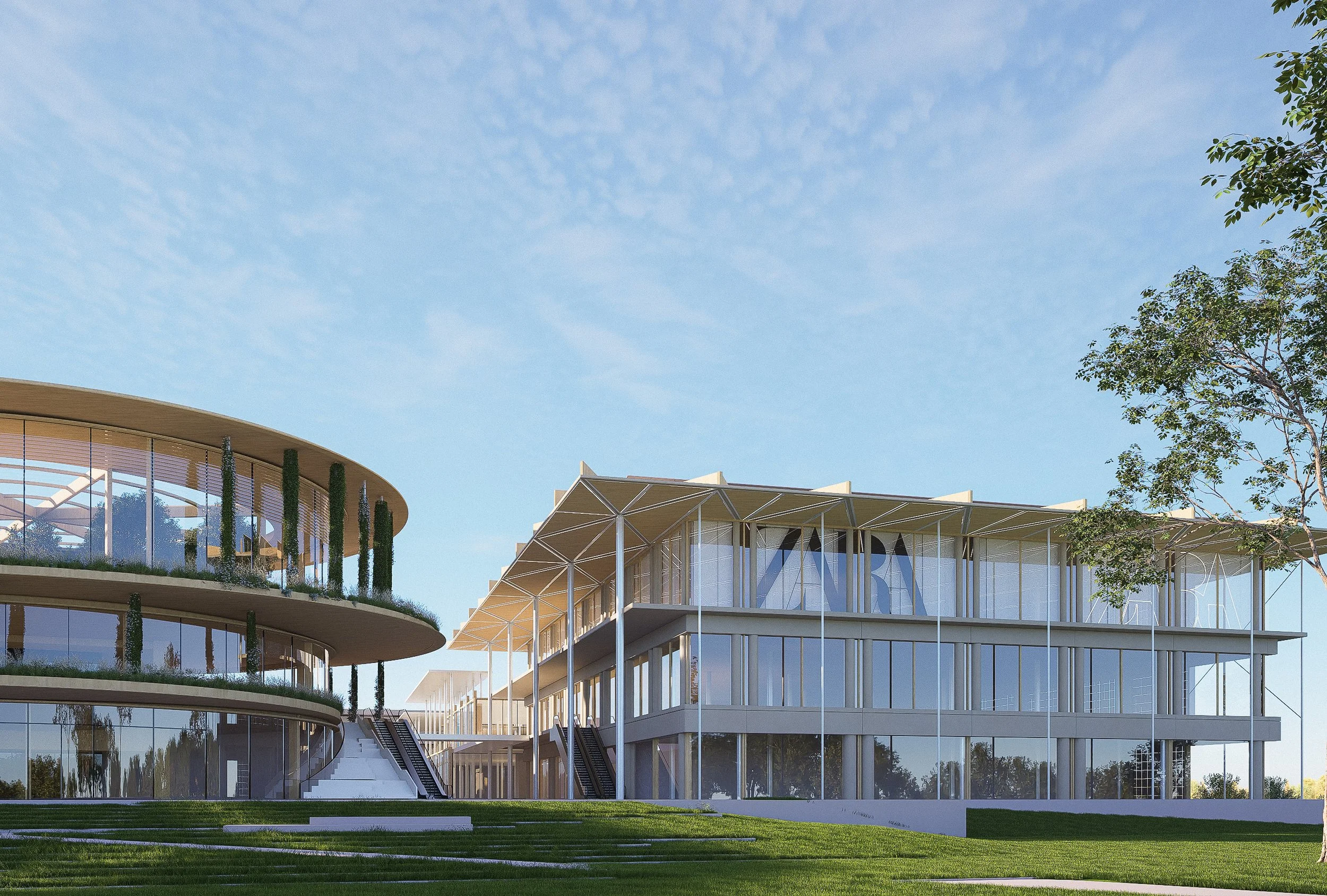 Edificios modernos con muchas ventanas de vidrio y estructuras de soporte blancas, con áreas verdes y árboles alrededor, bajo un cielo despejado