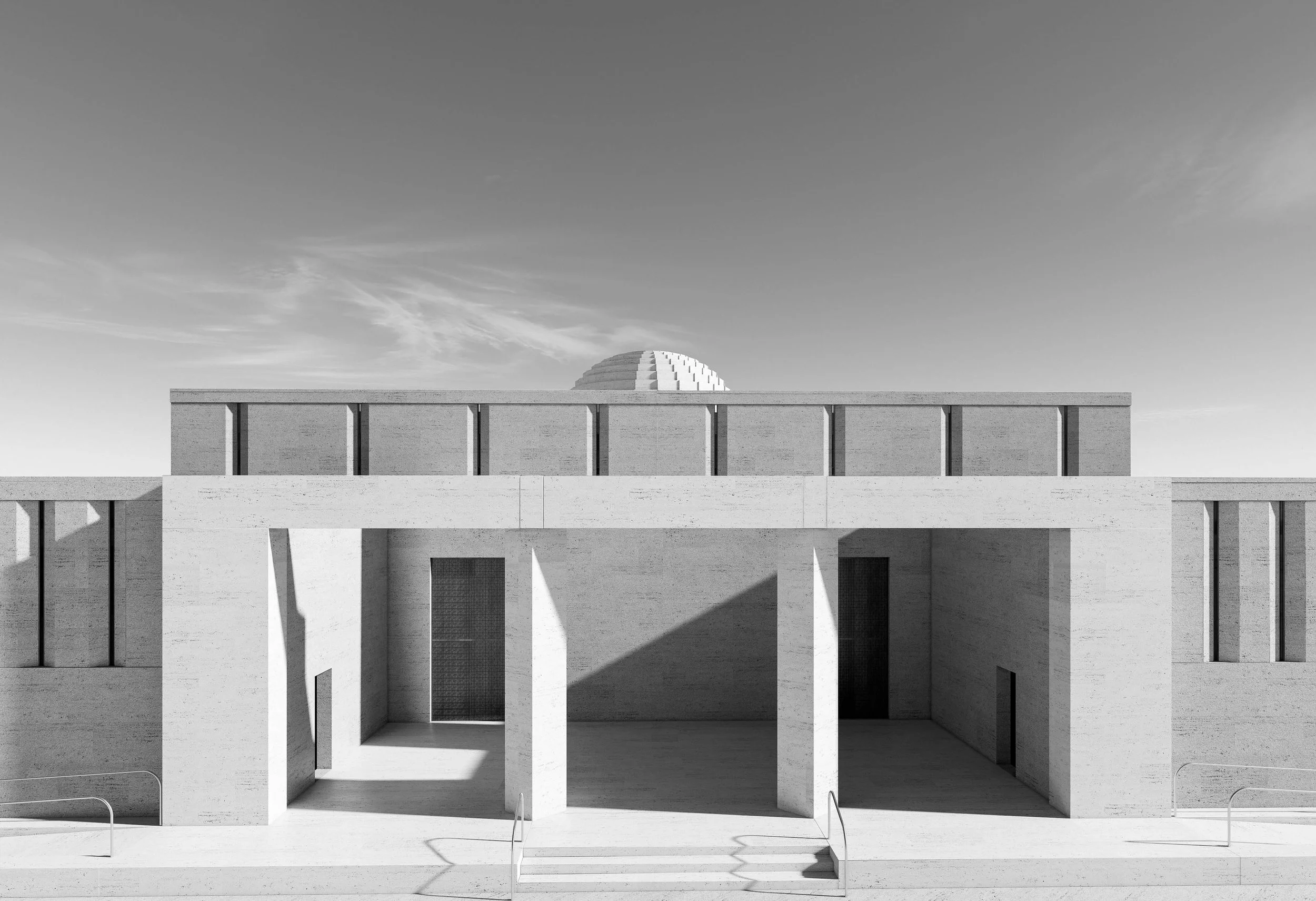 Edificio moderno de estilo minimalista en blanco y negro con estructura de concreto y puertas en la entrada.
