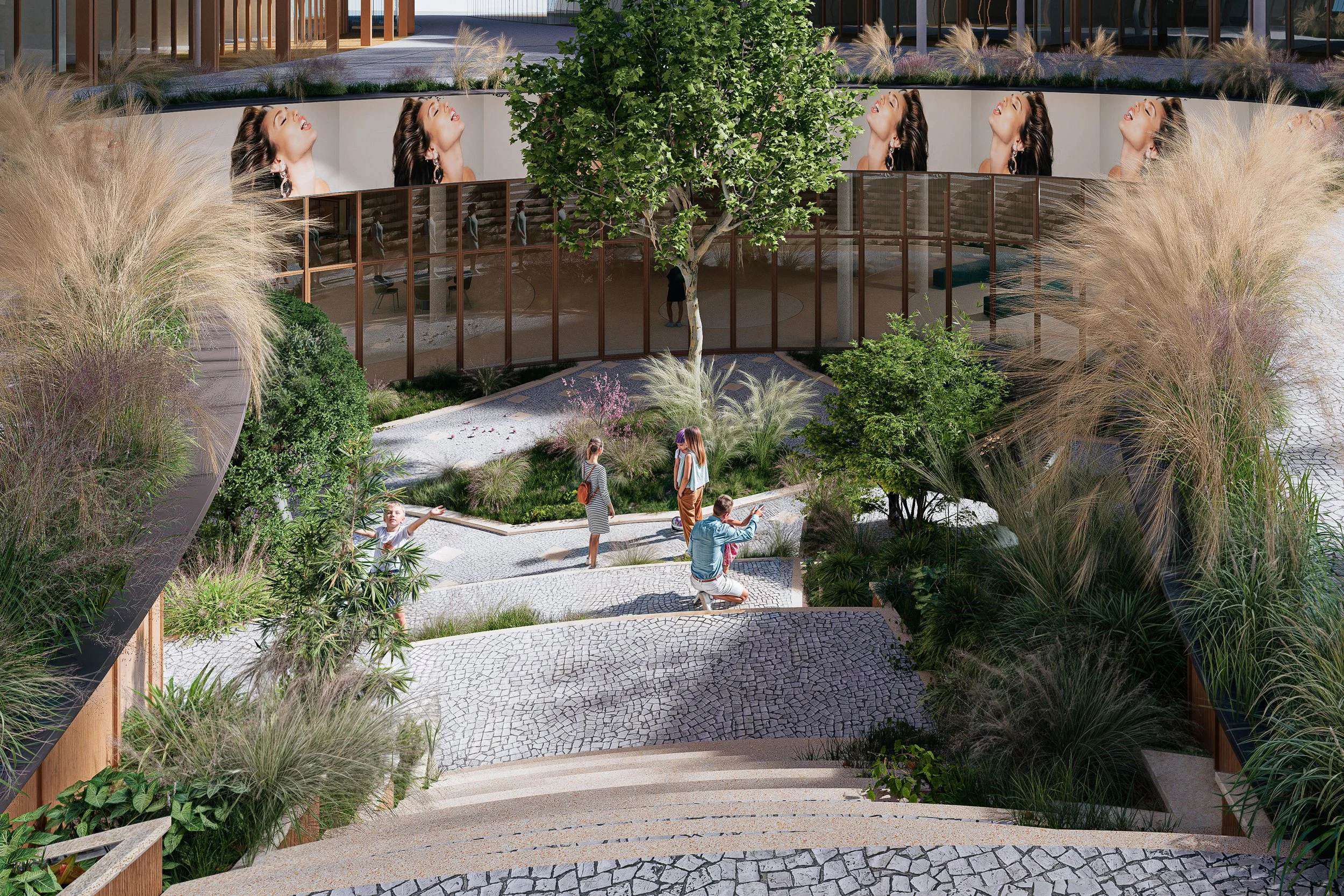 Un jardín moderno con plantas y árboles, varias personas jóvenes disfrutando, el fondo muestra un edificio con vidrios y pantallas con la cara de una mujer.