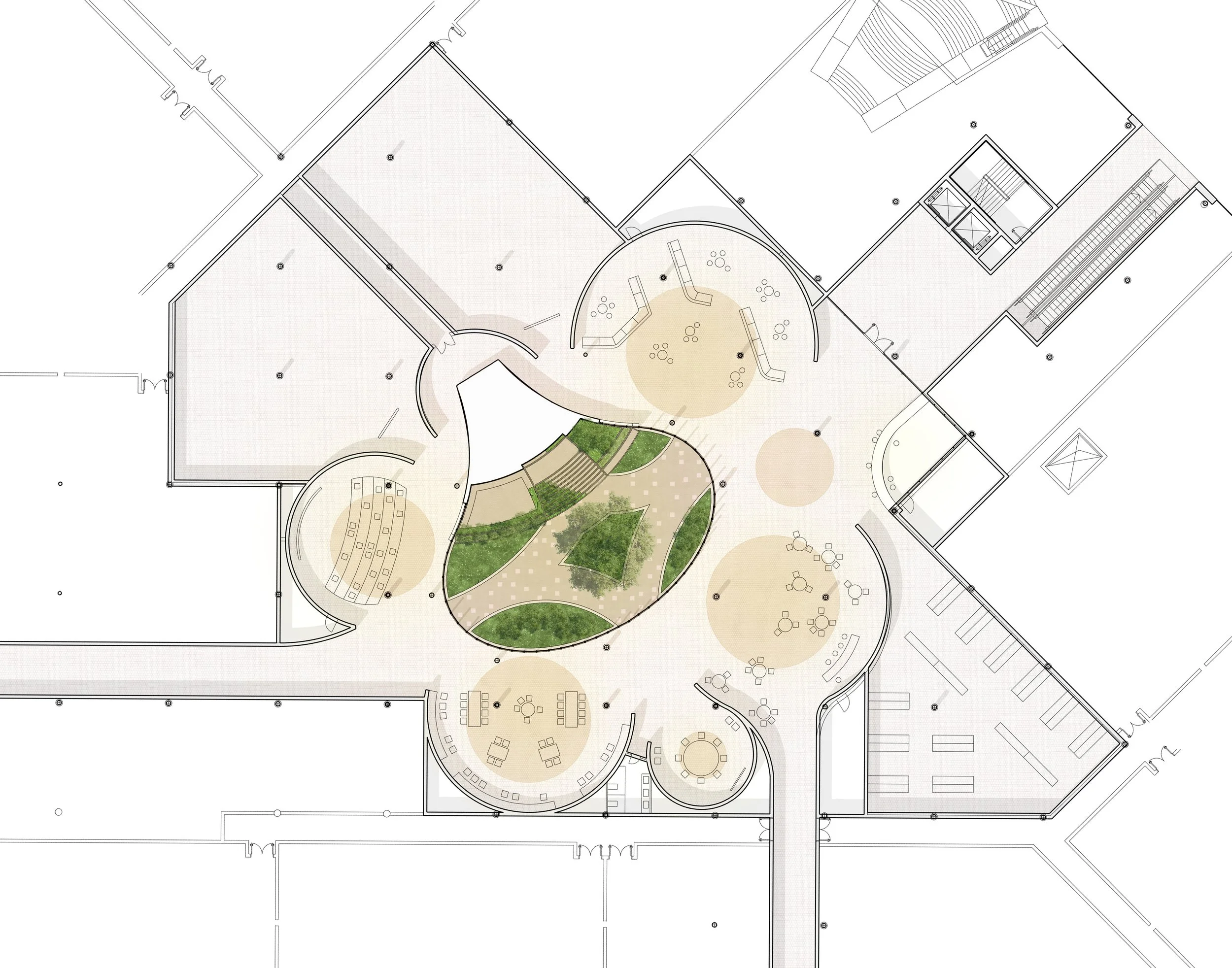 Plano arquitectónico de un espacio interior con áreas verdes y muebles de descanso y trabajo.