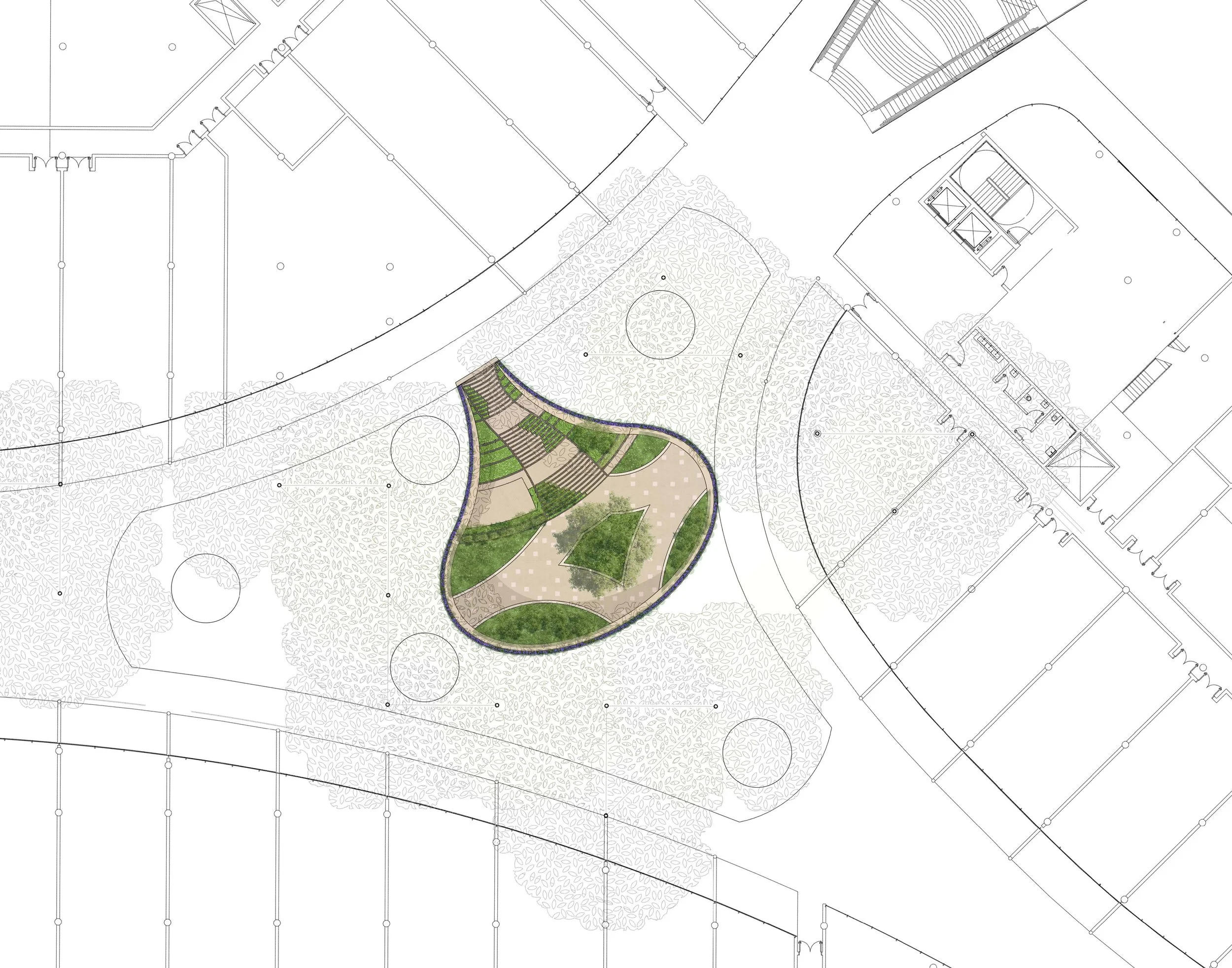 Plano arquitectónico de una área verde con caminos, césped y plantas, rodeada de edificios.