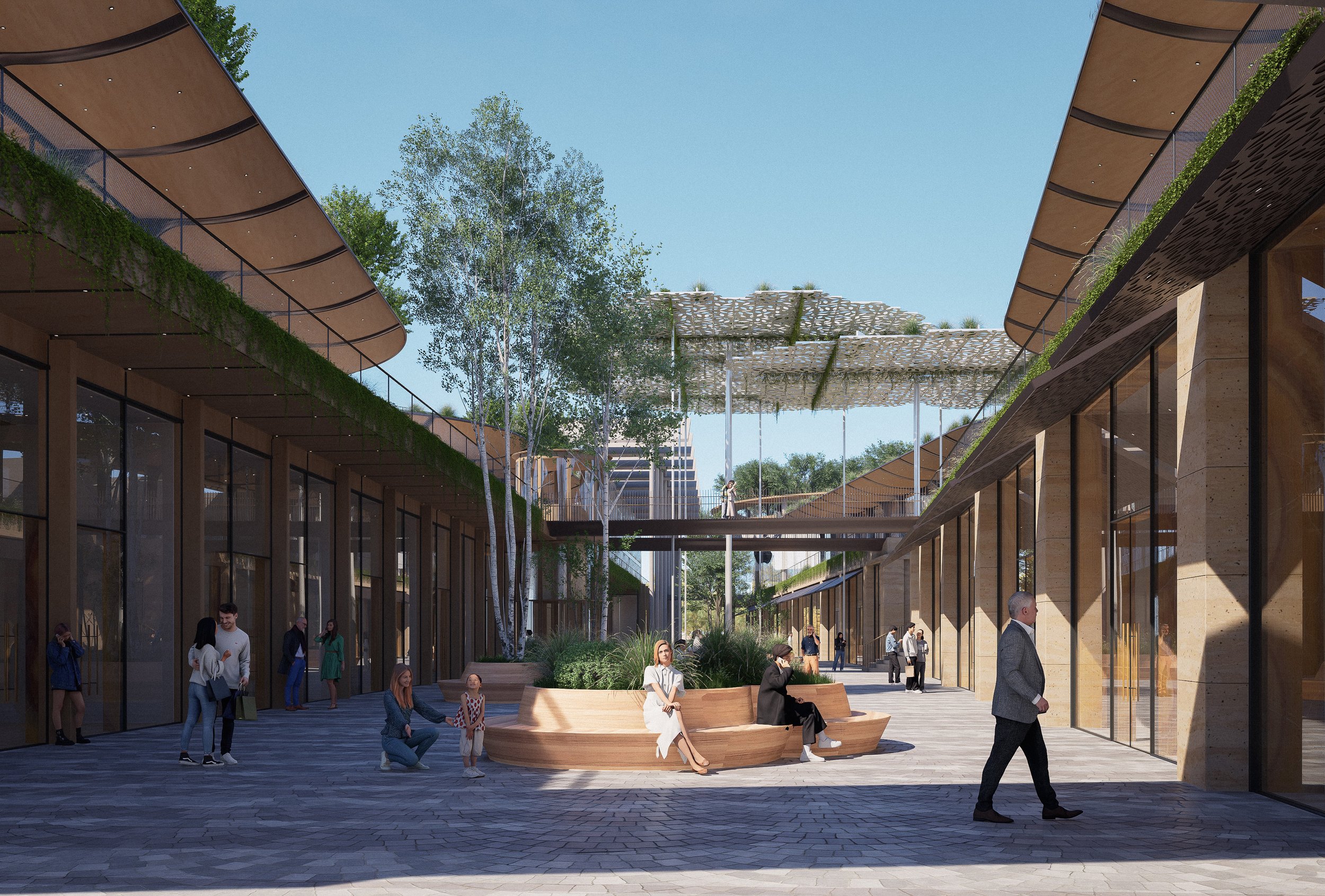 Espacio público con edificios de vidrio y madera, áreas verdes, árboles y personas disfrutando del ambiente en un día soleado.