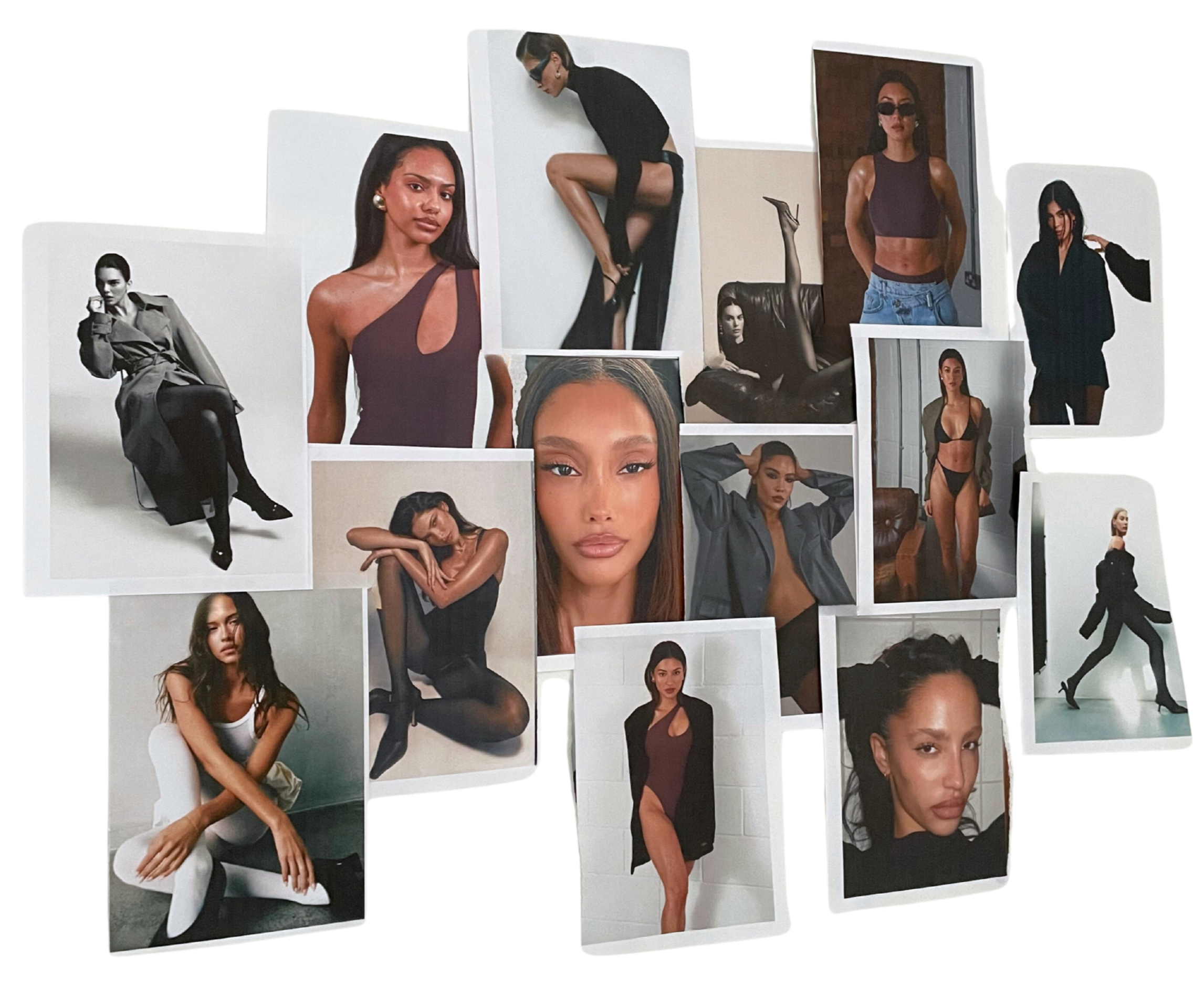 Collage of multiple fashion photographs featuring women in various poses and outfits, including casual, formal, and swimwear, some in black and white and others in color.