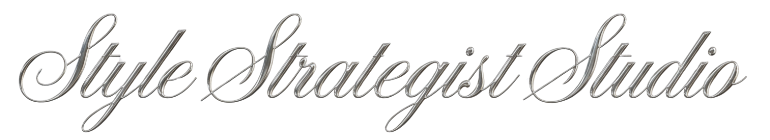 Logo with the text "Style Strateist Studio" in a cursive, metallic font.