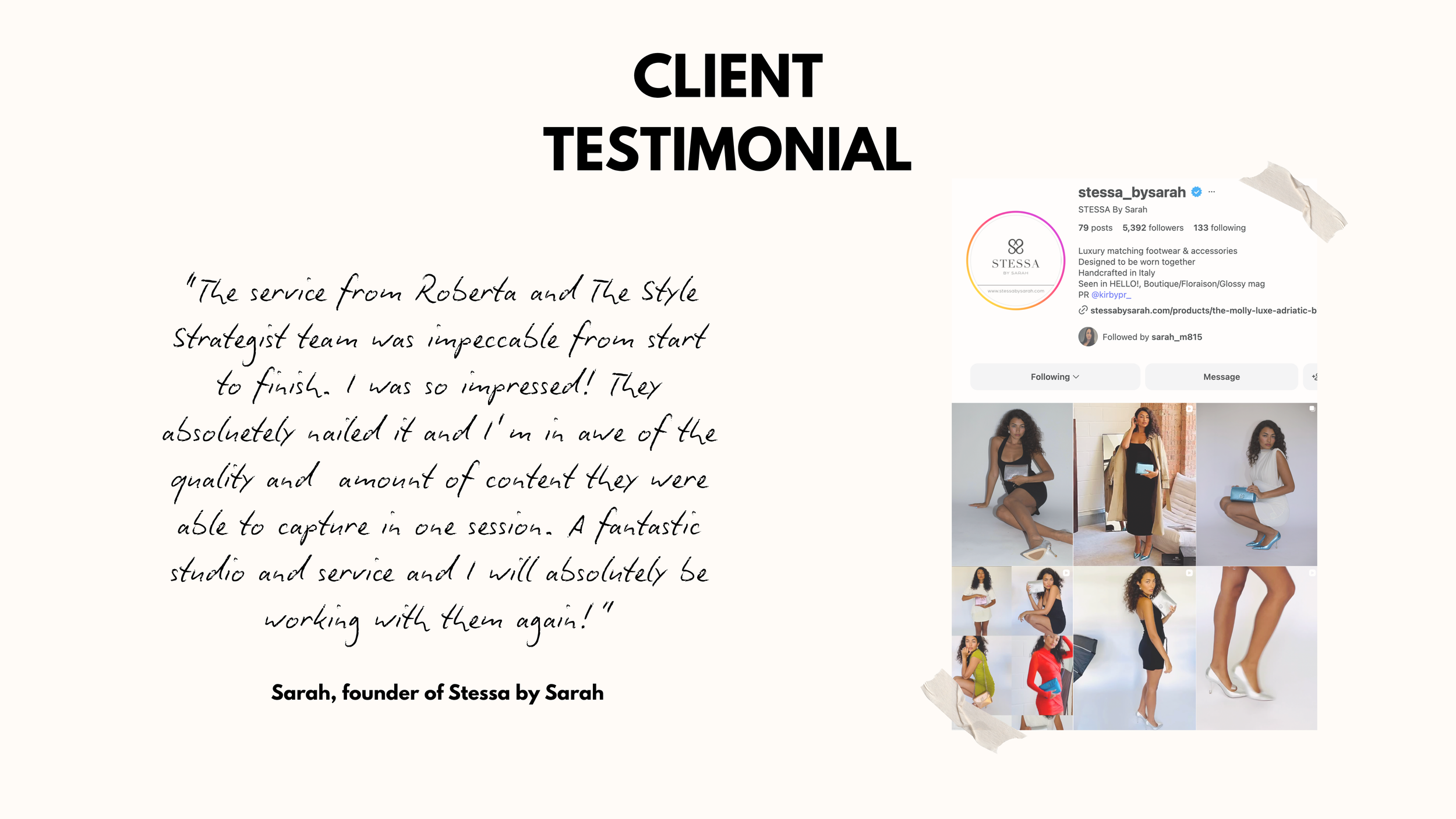Client testimonial slide with handwritten quote and photos of women modeling fashion accessories.
