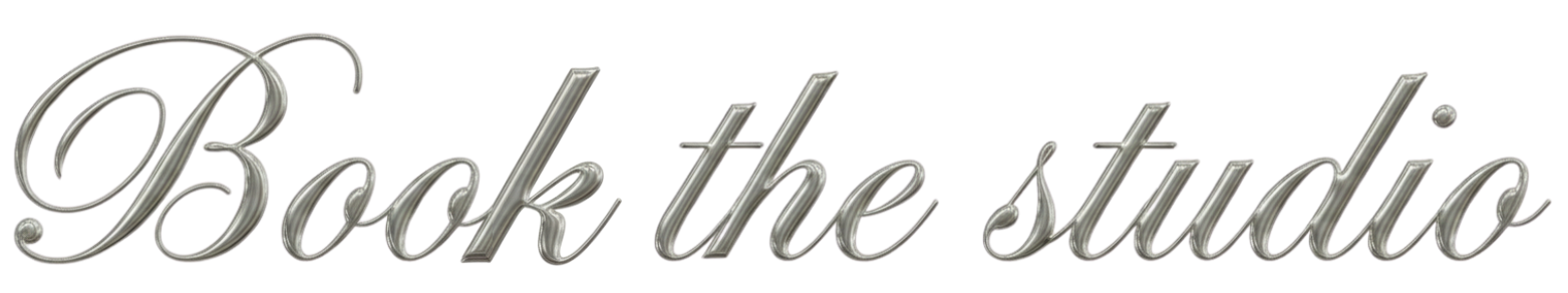 Stylized text that reads "Book the studio" in a metallic, cursive font.