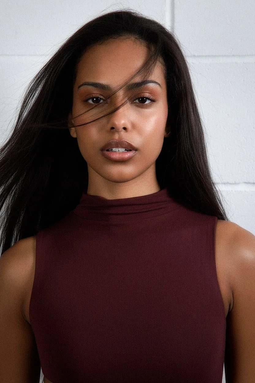 Portrait of a young woman with long black hair wearing a sleeveless maroon top, standing against a light gray wall.