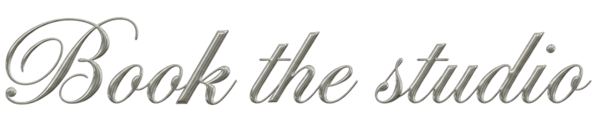 Text in a script font reading 'Book the studio' on a black background.