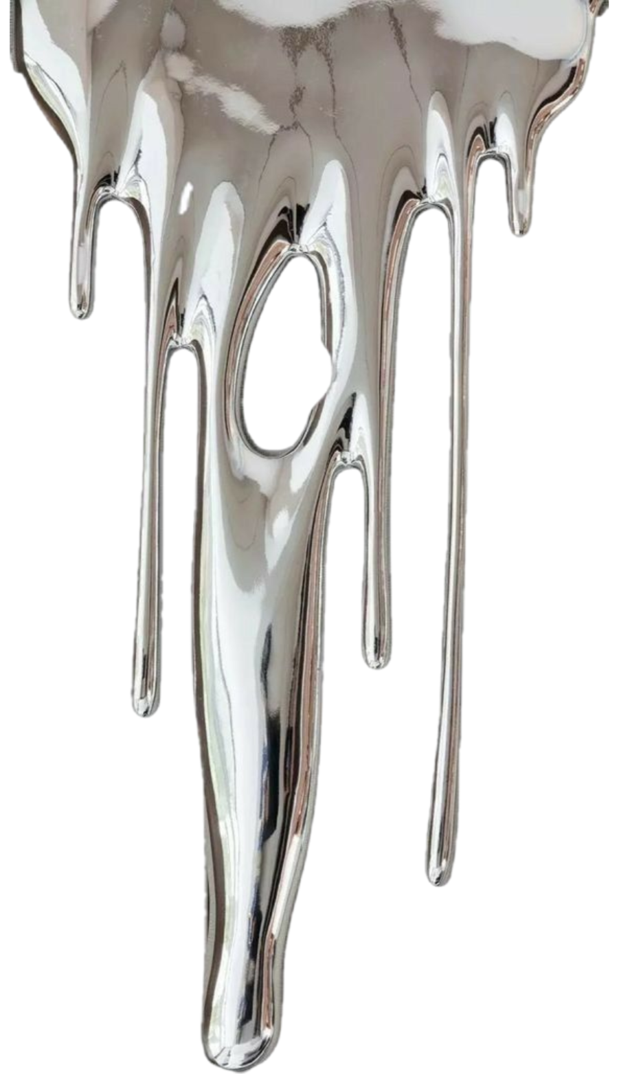 Silver metallic melted or dripping substance with elongated drips.