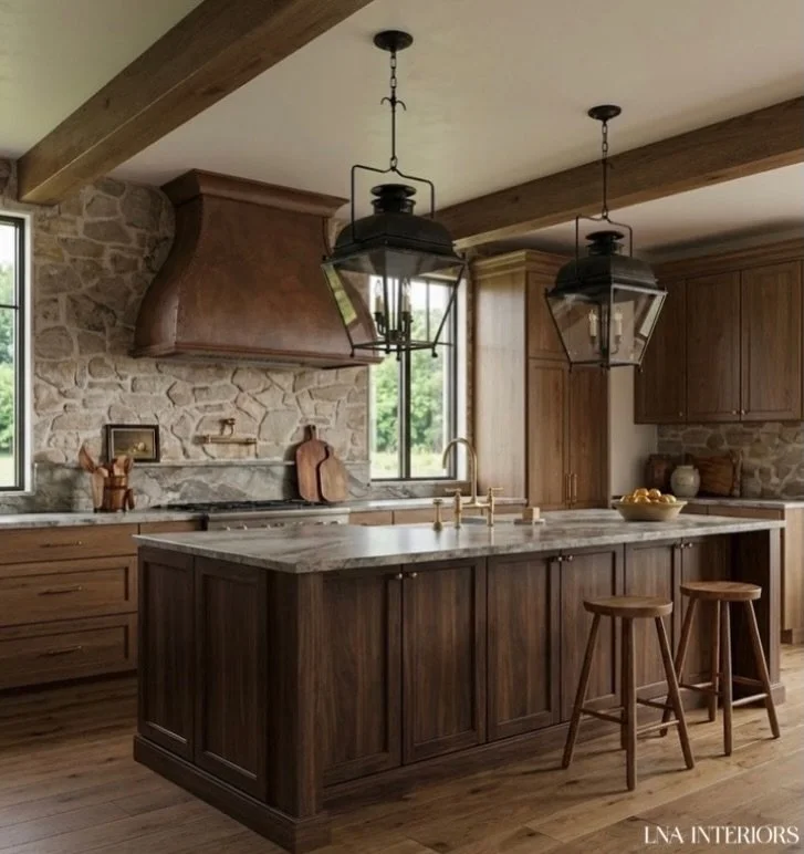 At LNA Interiors, every project begins with a vision, crafted from concept to reality. Our most recent kitchen project has been meticulously planned down to our photo realistic renderings, showcasing a refined rustic style that blends warmth, natural
