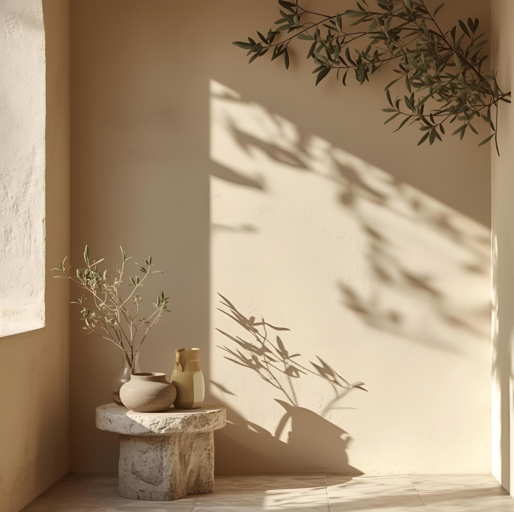 Minimalist corner with olive tree branches in soft sunlight, casting gentle shadows on a beige wall — aesthetic home decor setup with neutral tones, natural textures, and a calm, serene vibe, perfect for clean-girl and wellness-inspired interiors.