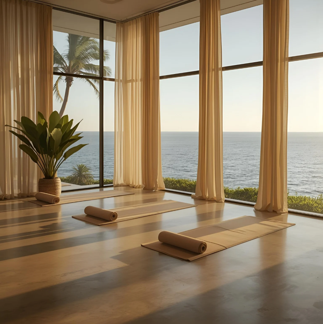 Serene coastal yoga studio with rolled mats, palm view, and warm natural light — modern wellness retreat aesthetic for Pilates, meditation, and mindful movement routines.