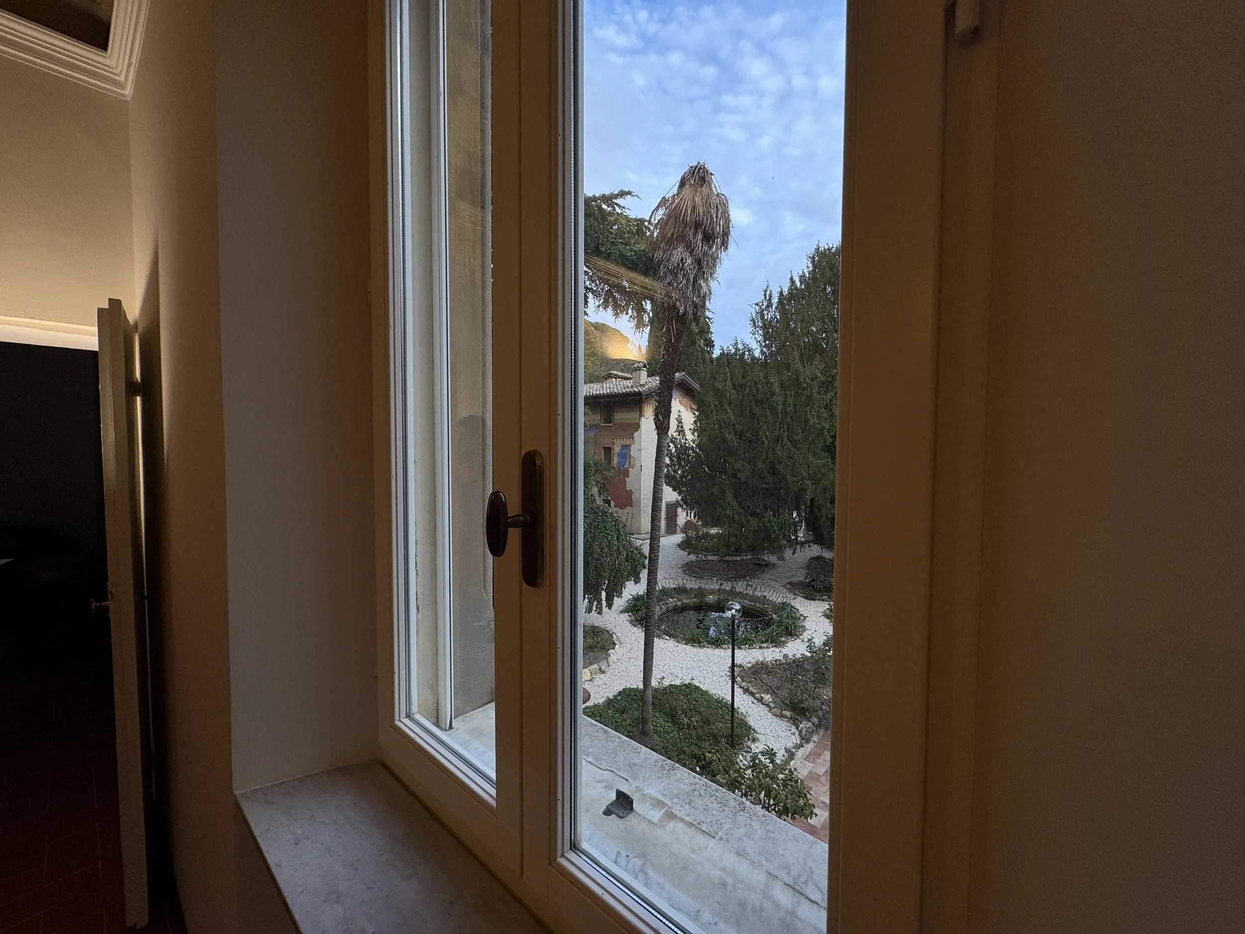 Vista da una finestra con un albero palmato e un giardino ben curato con camminamenti e piante intorno, sotto un cielo parzialmente nuvoloso.