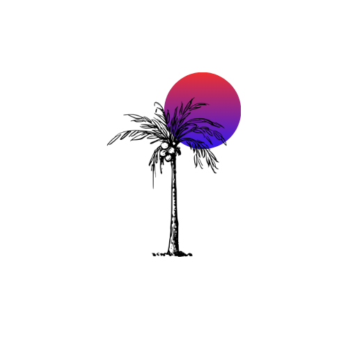 Stylized digital illustration of a sun with a blue and red hues, and a palm tree in silhouette. Siam Salt & Soul icon / logo.