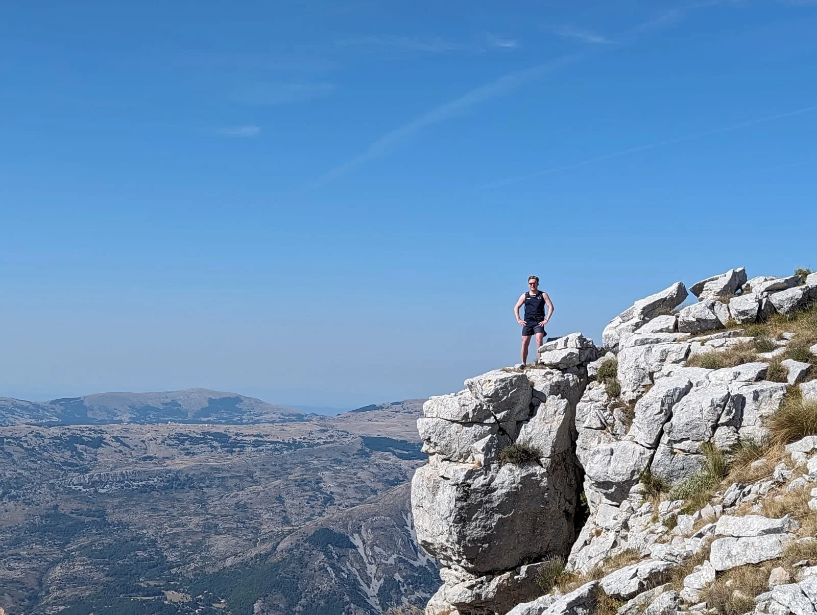 Henry Lee standing on a limestone summit above a mountain valley