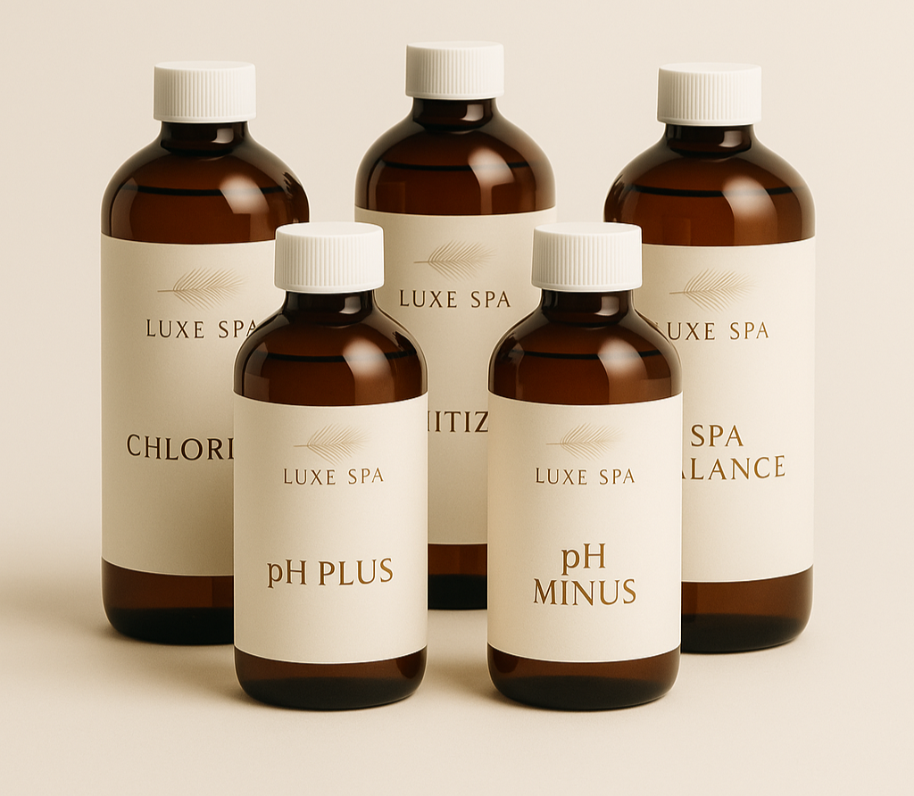 Five brown bottles with white labels and caps, labeled 'Luxe Spa', containing skincare or spa solutions, with two bottles labeled 'pH PLUS' and 'pH MINUS'.