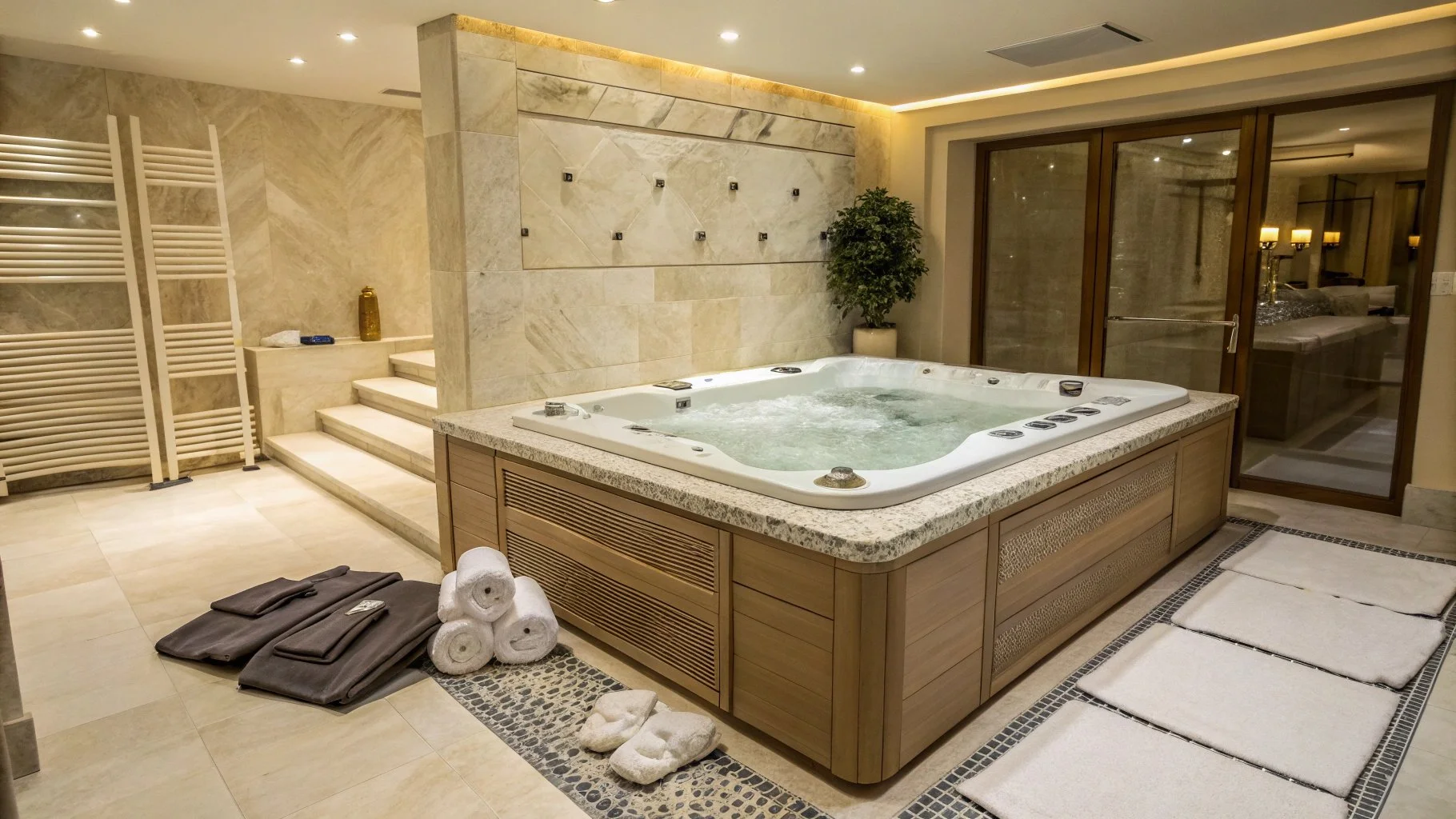 Luxurious bathroom with a large hot tub, rolled towels, slippers, and robes arranged on the floor, beige tiled walls, and a sliding glass door leading to another room.